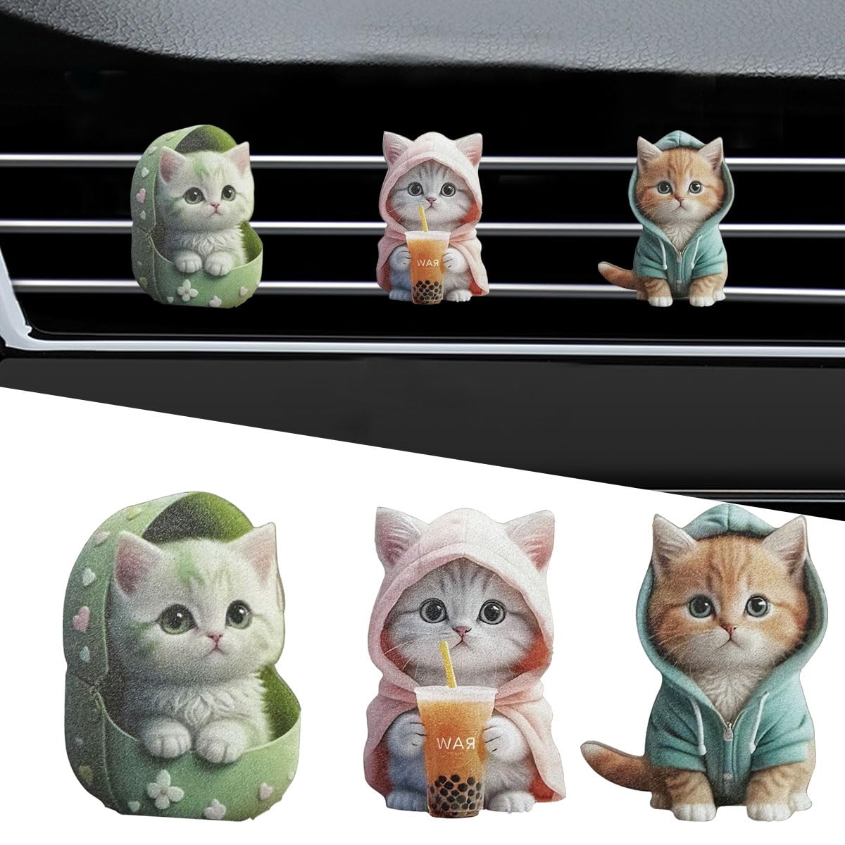 3PCS Cute Cat Car Air Vent Clips, 2D Flat Acrylic Cartoon Kitty Car Air Conditioner Outlet Clip, Auto Interior Decoration Accessories for Most Vehicles (Blue/Pink/Green)