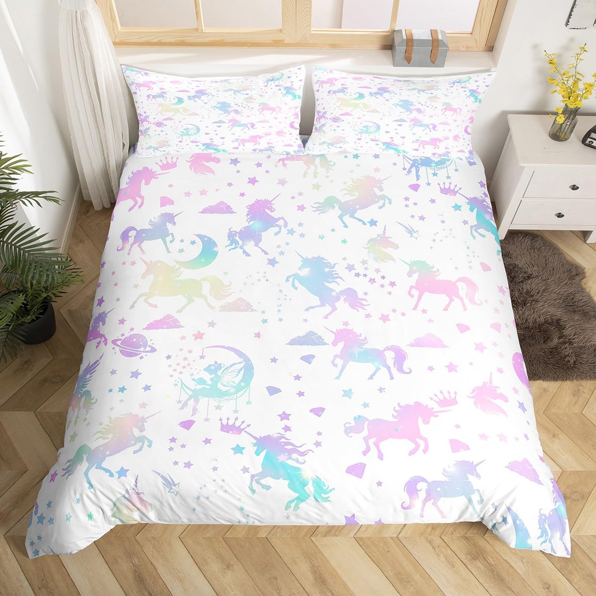 Homemissing Cute Unicorn Duvet Cover Cot Size Glitter Unicorn Duvet Cover for Boys Girls Dreamy Horse Bedding Set 2Pcs Princess Decor Room Decor — image 1
