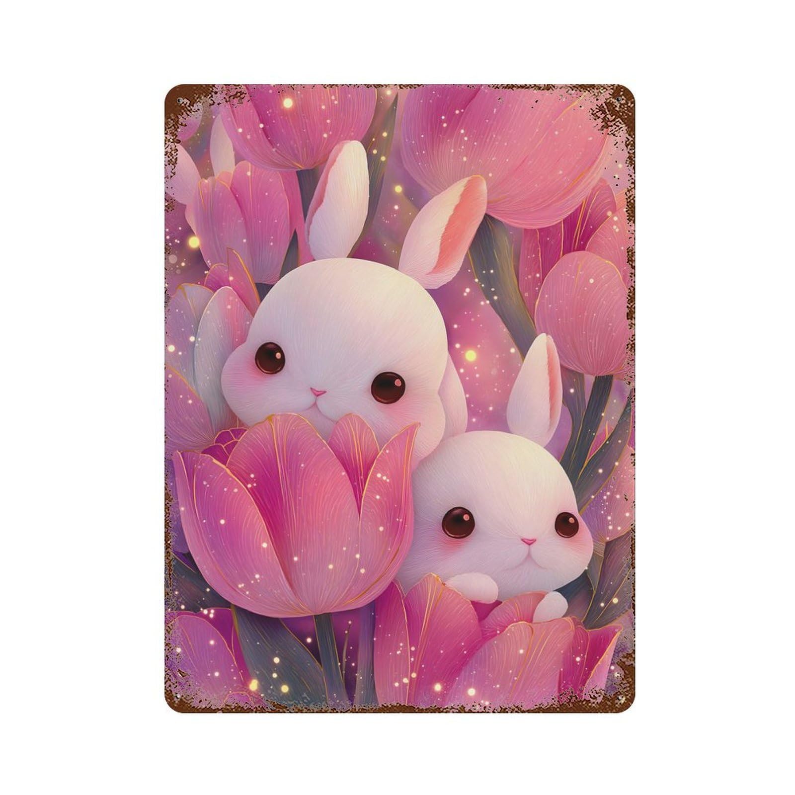 Garage Style Bunnies in Tulips Distressed Metal Wall Sign 15.7"x11.8", Farmhouse Wall Decor for Bar And Workshop
