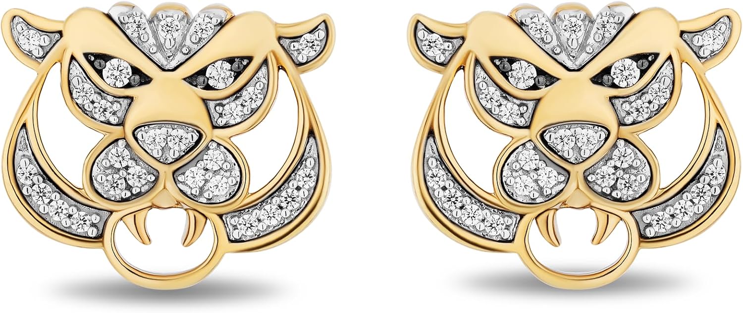 Jewelili Enchanted Disney Fine Jewelry Jasmine Raja Earrings for Women | 14K Yellow Gold over Sterling Silver | 1/5 CTTW White Diamonds | Push Back Studs | Princess Inspired Jewelry Gifts for Her