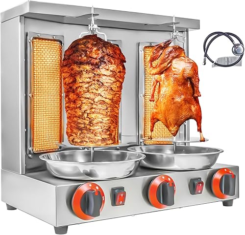 Máquina Shawarma XGN Parrilla de Kebab Vertical Asador Giratorio con 3 Quemadores y 2 Espetos Giratorios Automáticos para Rosticería de Carne, Asado