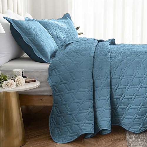 Miniatura 2 de Juego de edredón tamaño King de 3 piezas, colcha de verano suave y ligera, colcha reversible de microfibra para todas las estaciones, azul spa,