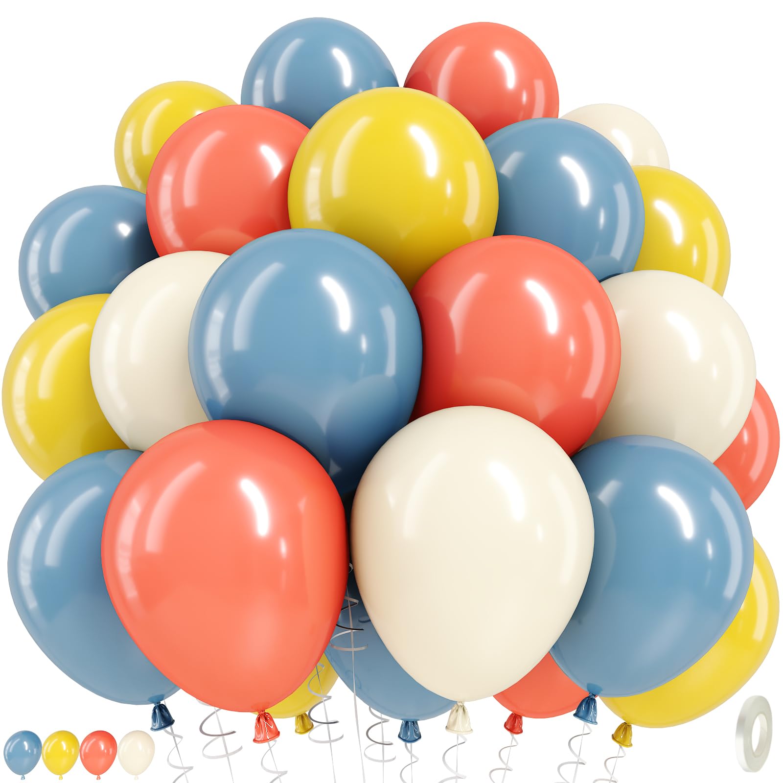 Blue Orange Yellow Balloons, 60 Pcs 12 Inch Retro Blue Orange Mustard Yellow Slate and White Beige Latex Helium Balloons for Boho Rainbow Theme Baby Shower First Birthday Party Decorations — image 1