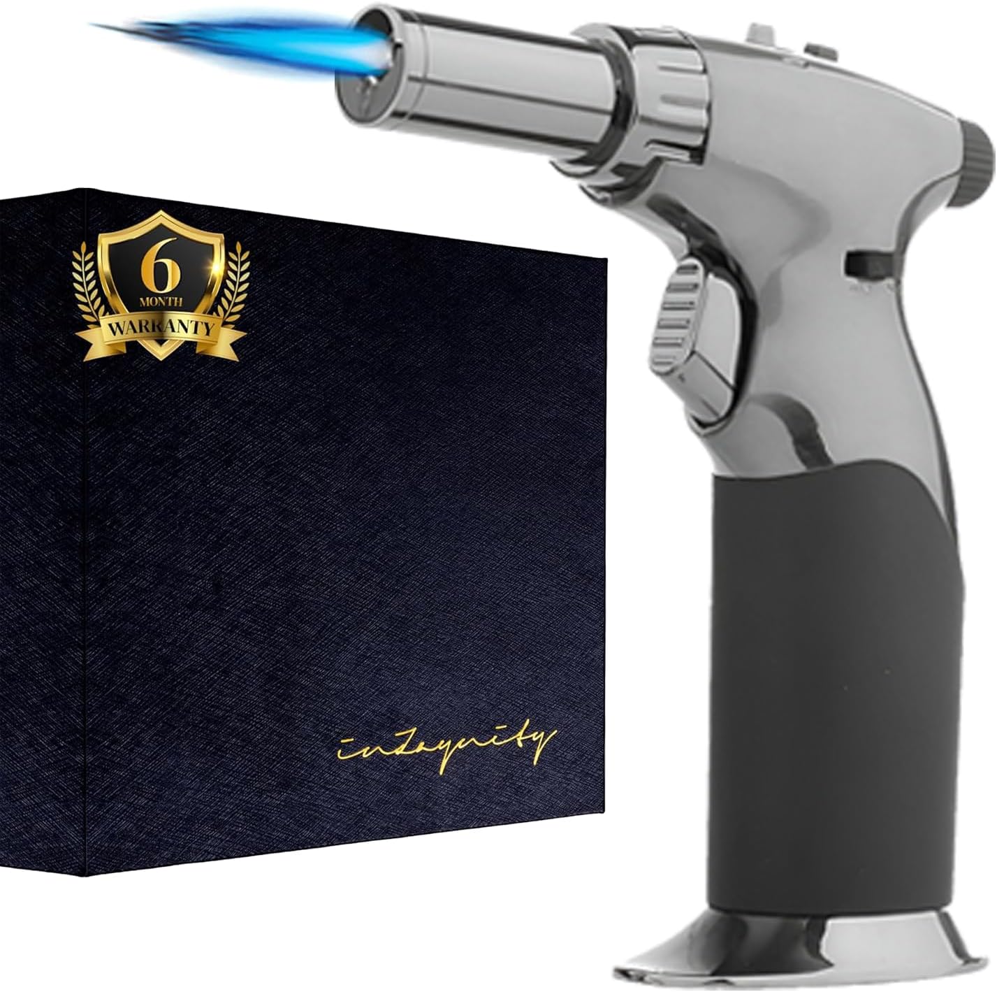 Dual Flame Butane Torch Gun - Refillable Luxury Hand Held Mini Blow Torch for Cooking, Creme Brulee, Soldering, Welding, & Resin Art - Adjustable Flame with Ignition Lock - Steel Black by inZaynity