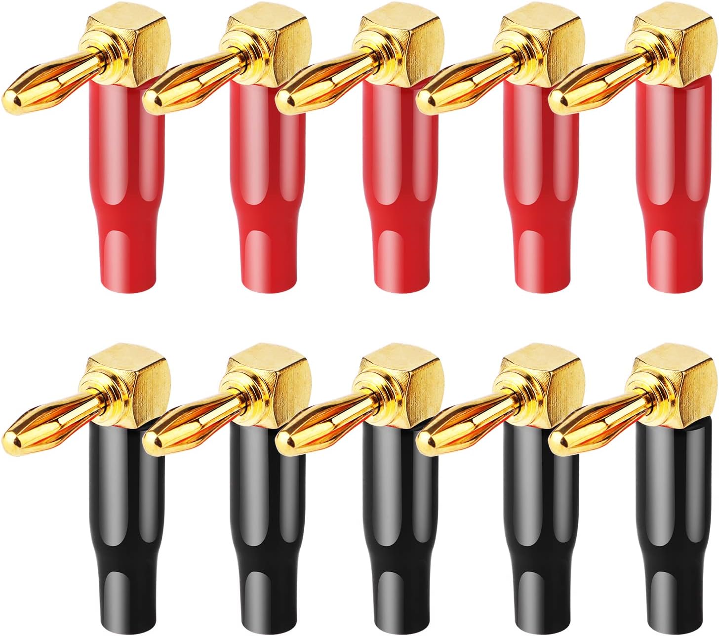 HRLORKC 10pcs Right Angle Speaker Plugs 4mm/0.16" 90 Degree Connector Right Angle Banana Plugs for Speaker Wire (Red and Black)