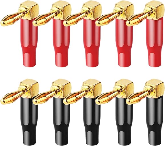 HRLORKC 10pcs Right Angle Banana Plugs - 4mm/0.16" 90 Degree Speaker Connector (Red and Black)