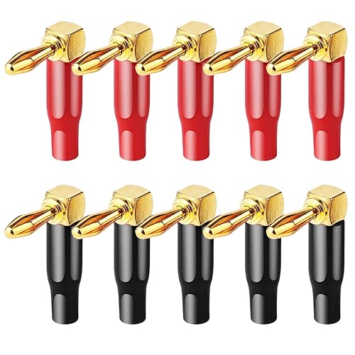 10 conectores tipo banana de ángulo recto - Conector de altavoz de 90 grados de 0.157 in (rojo y negro)