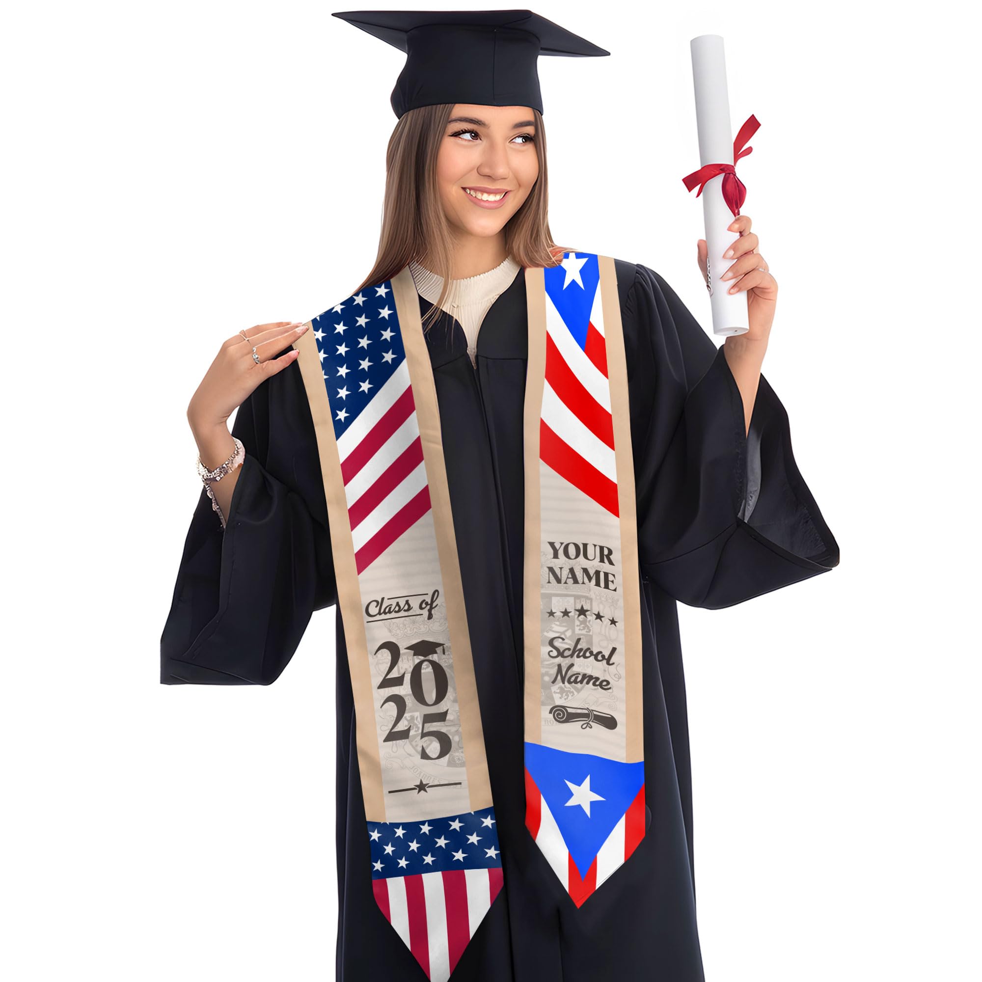 MonkeyVan Custom Puerto Rican Graduation Stole, Puerto Rico Graduation Sash, Puerto Rico American Flag Grad Sash Class Of 2025 Pr 6