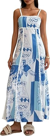 UAURORAO Women Boho Maxi Dress Smocked Wedding Guest Long Flowy Dresses Spaghetti Strap Floral Ruffle Swing Sundress