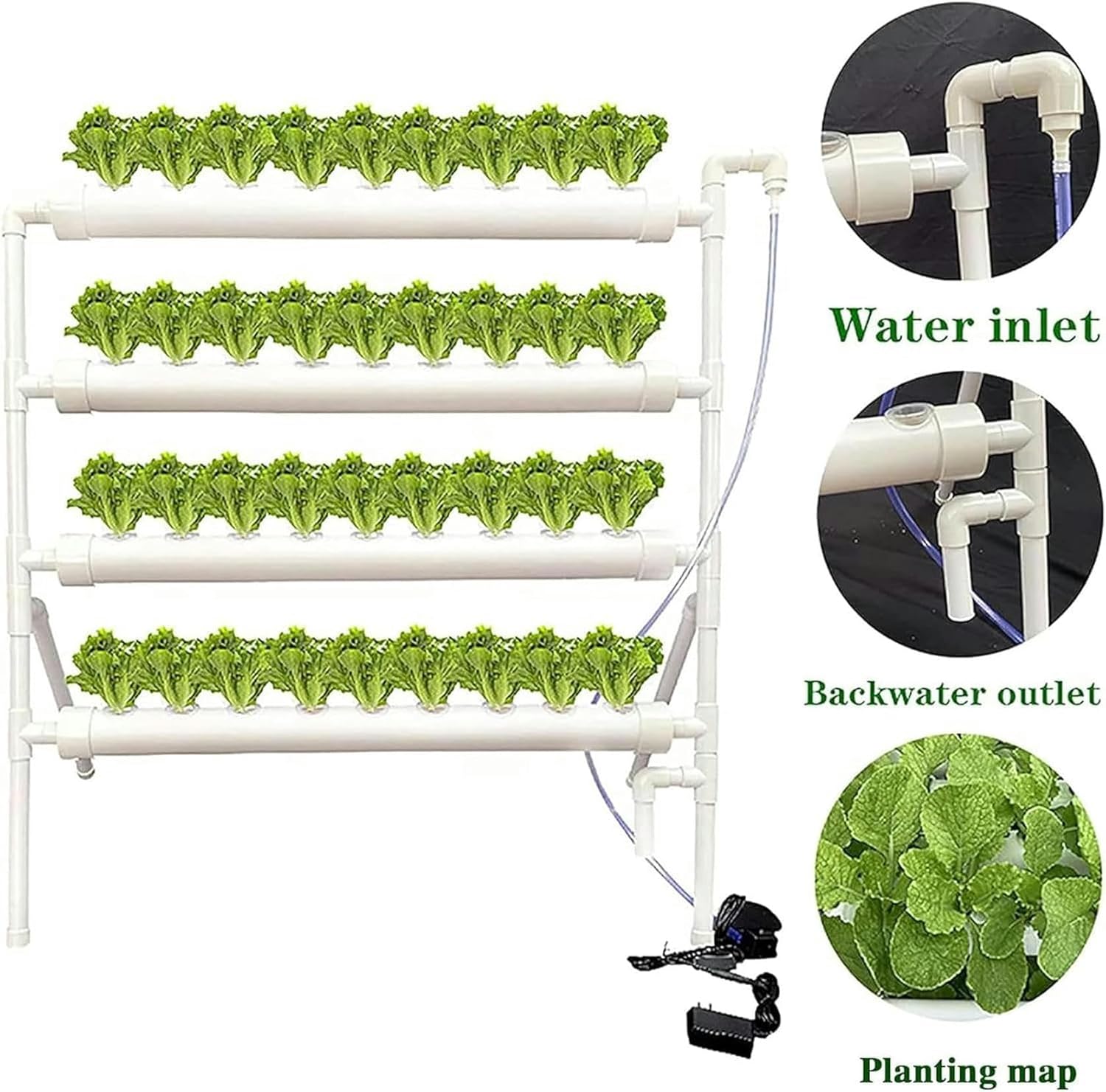 Hydroponic Cultivation System, Garden Planting System, 36 Sites, 4 Food Quality PVC Tubes, Water Pump, Pump Timer, Nest Basket, Sponge