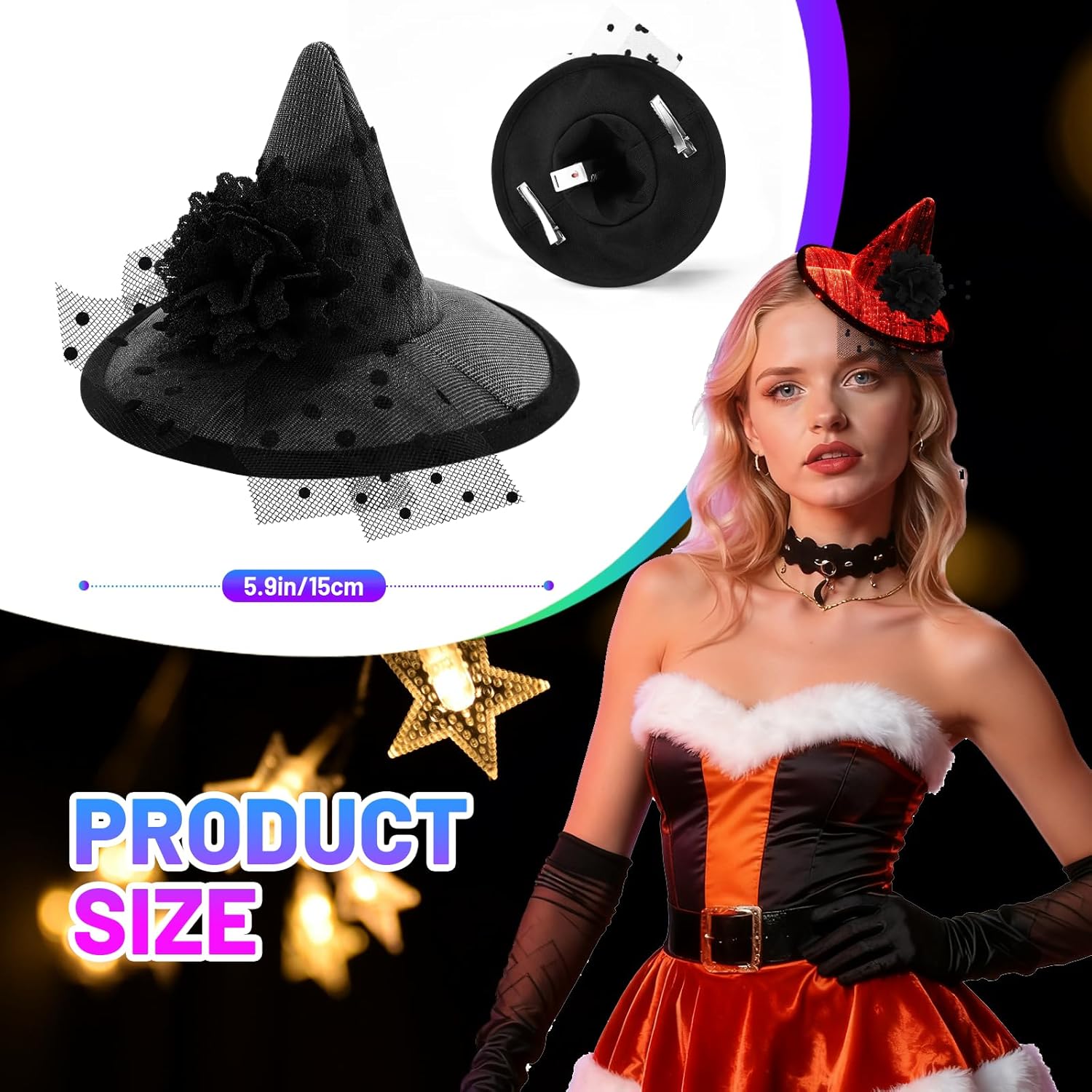 lumisonata Light up Witch Hat Clip Small Halloween Hat Christmas LED Hair Accessories for Cosplay Party Gothic Headwear for Women