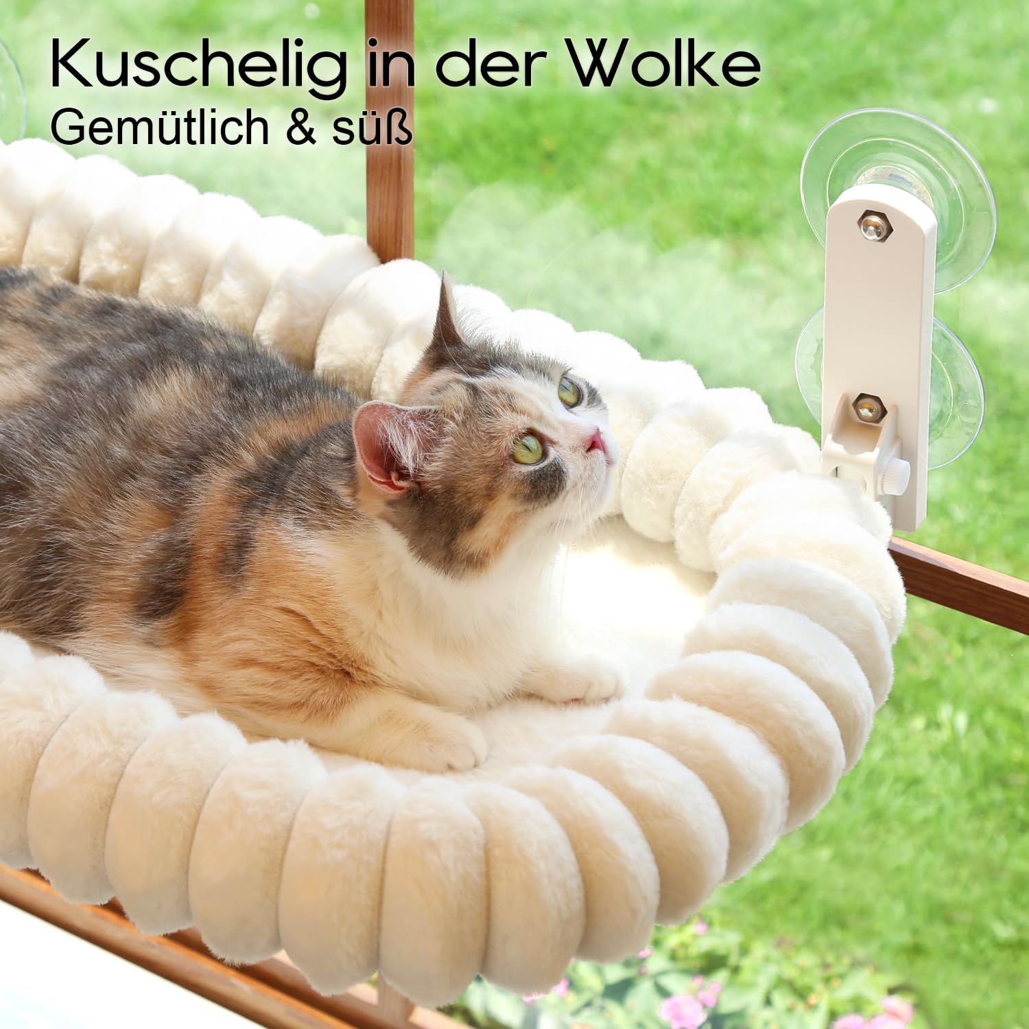 Zakkart SnugCloud Klappbarer Katzen-Fensterplatz – Kabellos, kuschelweiches, waschbares Bett mit 4-Seiten-Polster & Metallrahmen als Fenster-Hängematte für große Katzen & Kätzchen (Weiß, Größe M)