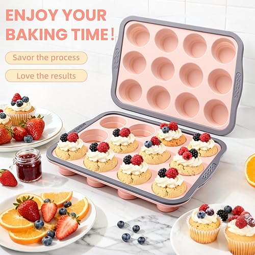 Miniatura 7 de Paquete de 2 moldes de silicona para magdalenas para hornear, molde antiadherente prémium para magdalenas con marco reforzado de metal, moldes de