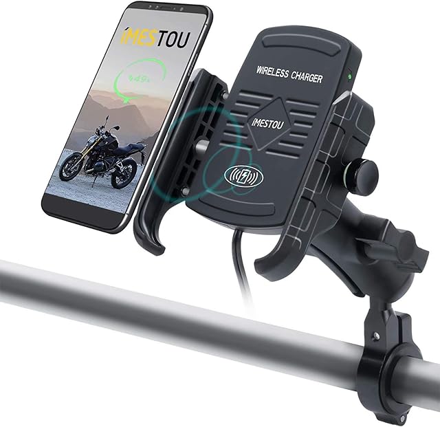 iMESTOU Motorcycle Wireless Phone Mount Qi Charger 15W 1" Ball Cellphone Holder Handlebar Mobile Mount 360 Rotation Waterproof with Switch for 3.5"-6.8"max. 90mm(W) 11mm(THK) Smartphones