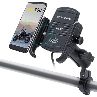 iMESTOU Motorcycle Wireless Phone Mount 15W Qi Charger 1" Ball Handlebar Cellphone Holder 360 Rotation with Waterproof Switch for 3.5"-6.8" Smartphones max. 3.54“(W) 0.43”(T)