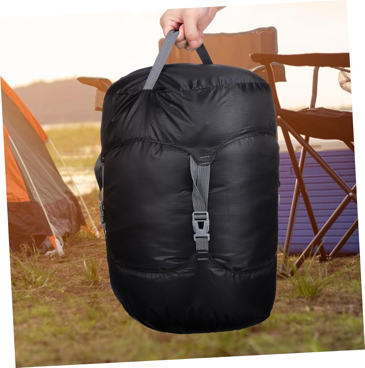 Compression Sack for Sleeping Bags Drawstring Stuff Sack with Adjustable Buckle Durable Polyester Space Saving for Camping and Hiking Supplies Black