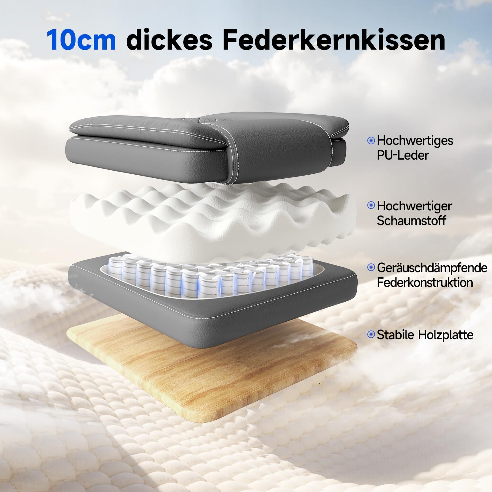 rattantree Bürostuhl, Großer Ergonomischer Bürostuhl mit Verstellbarer Lendenwirbelstütze, PU Leder Chefsessel, Drehstuhl mit Hochklappbaren Armlehnen, Liegestuhl für Büro und Zuhause, Grau