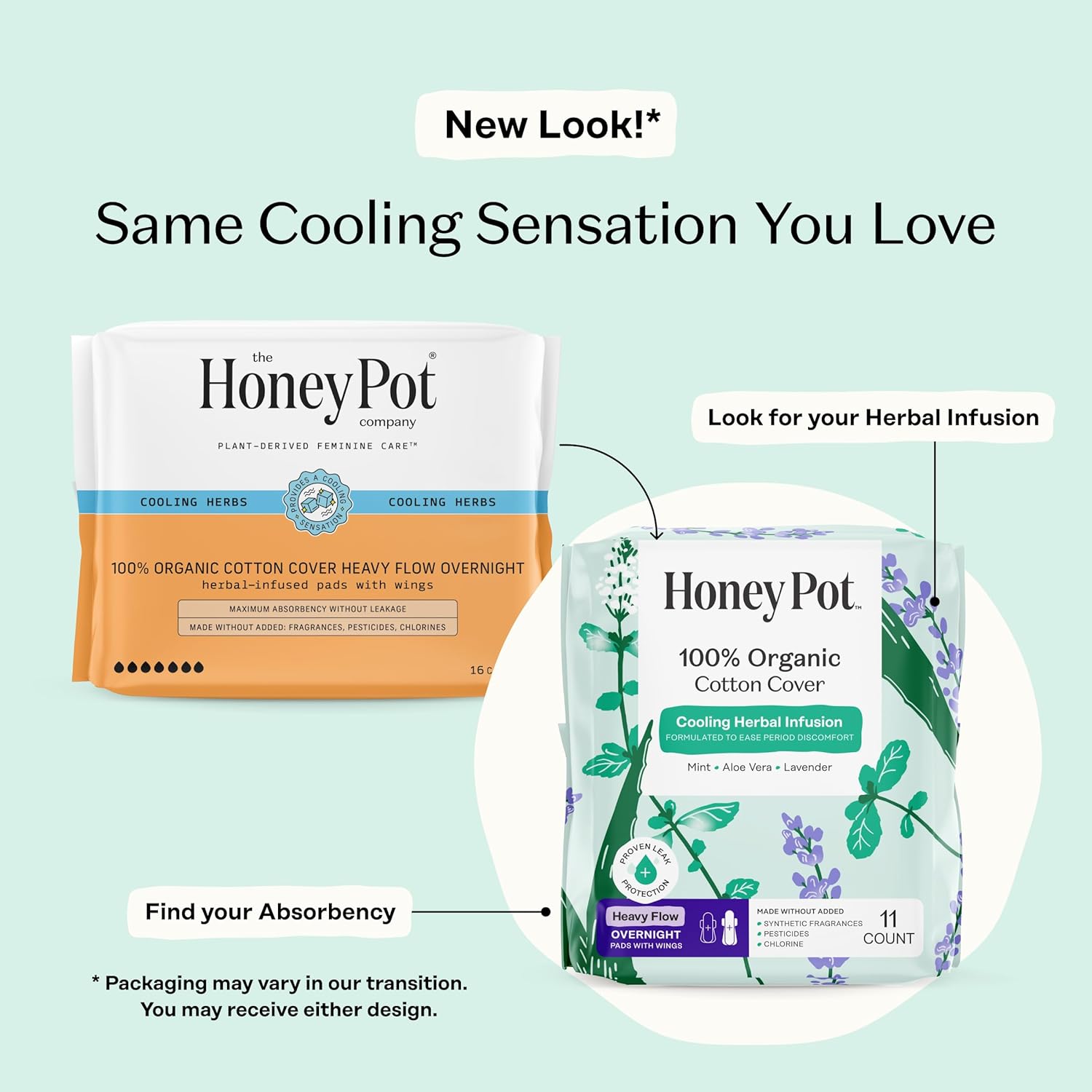 The Honey Pot Company - 44ct - Herbal Sanitary Pads for Women - Heavy Flow Overnight w/Wings - Infused w/Essential Oils for Cooling Effect & Organic Cotton Cover - Feminine Care