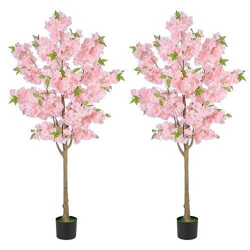Set of 2 Pink Artificial Cherry Blossom Tree 5FT, Realistic Potted Faux Cherry Tree, Silk Flower Fake Tree, Artificial Plants for Home Office Wedding Party Indoor Outdoor Front Door Decoration