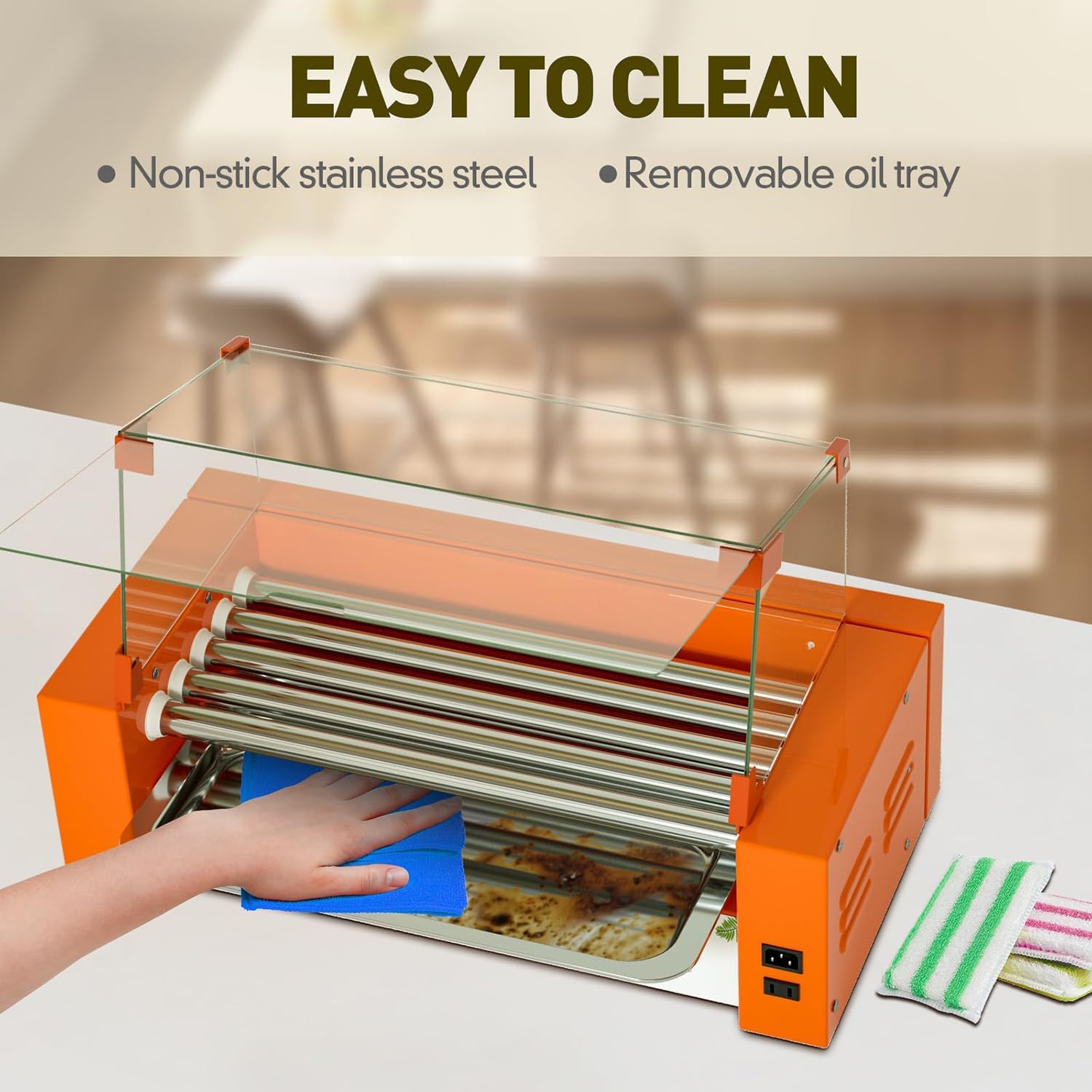 Hot Dog Roller Grill 1000W – Parrilla para salchichas con rodillo, control de temperatura dual, bandeja de goteo extraíble y cubierta, máquina calentadora perfecta para perros calientes para uso