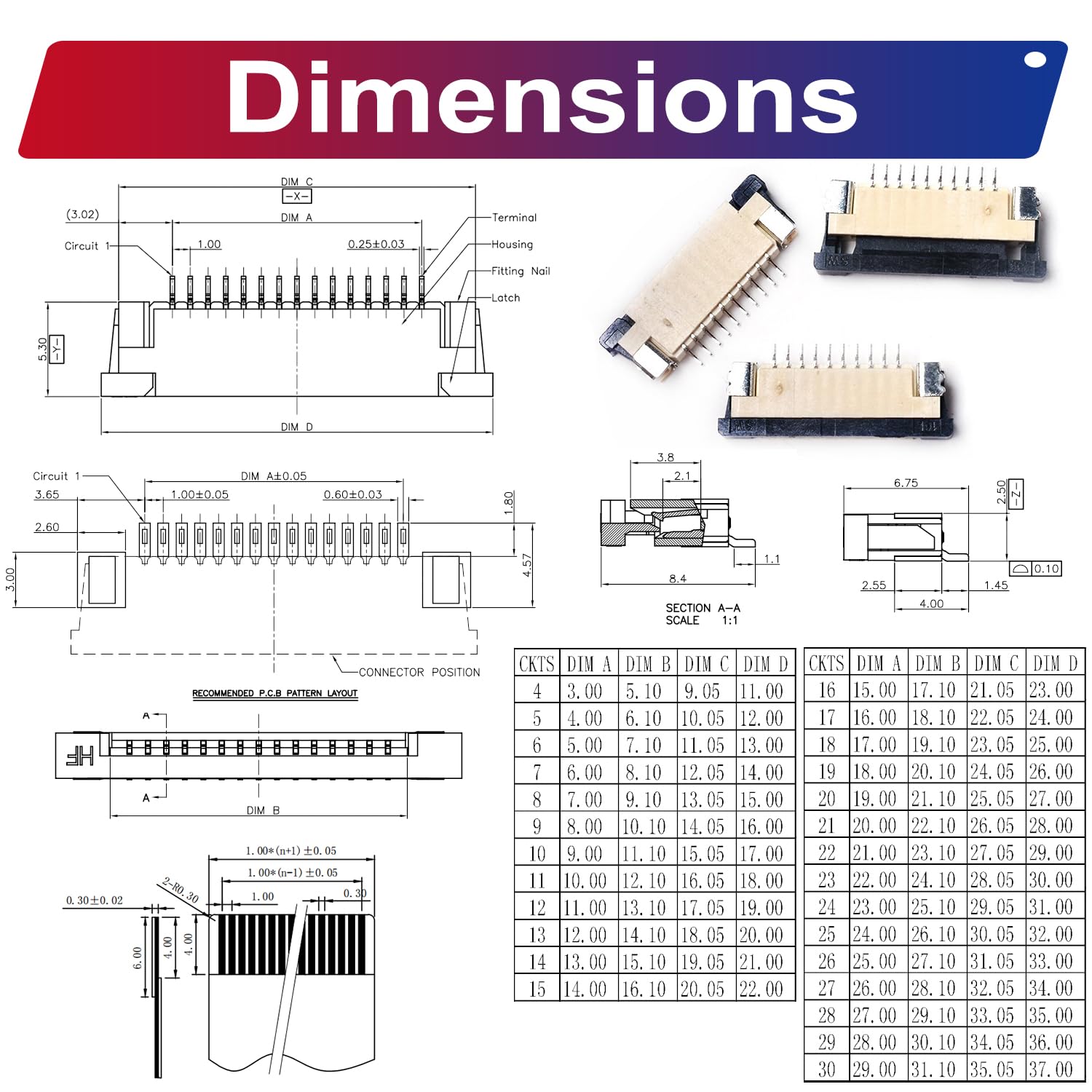 FFC FPC Connector Ribbon Cable Connector ffc-fpc 4P 6P 8P 10P 12P 14P 16P 18P 20P 24P,150mm Length Flexible Flat Cable 1mm Pitch A Type(KS-1.0-SS-A)