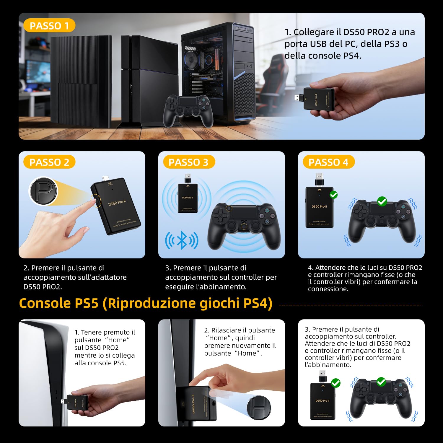 Mcbazel Besavior DS50 PRO2 Convertitore per Gamepad, supporta controller PS5/PS4/Xbox One S/Xbox Series X/S/Xbox Elite 2/Switch Pro su PS5/PS4/PS3/PC/Switch 2 e 1/Lite, audio integrato da 3,5 mm,