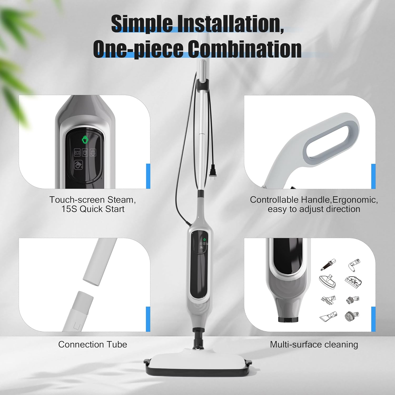 12 in 1 Steam Mop, Detachable Handheld Steam Cleaner for Home, 23FT Cord, for Hardwood Floor Cleaning, Tile, Carpet, Furniture, Clothes, Windows, Grey