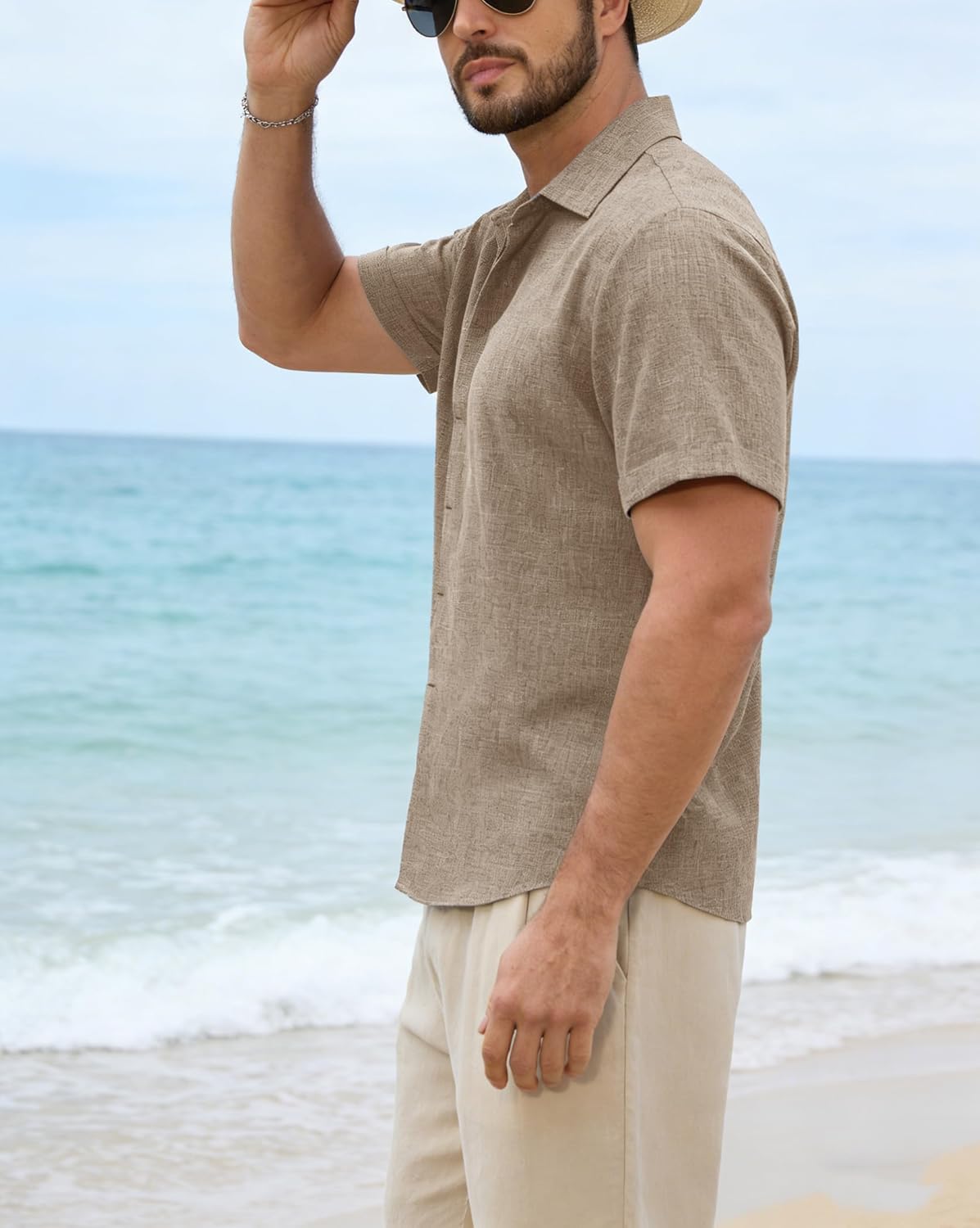 Mens Linen Shirts Short Sleeve Casual Shirt Button Down Summer Beach Vacation Tops Men Casual Dress Shirts Breathable - Image 3