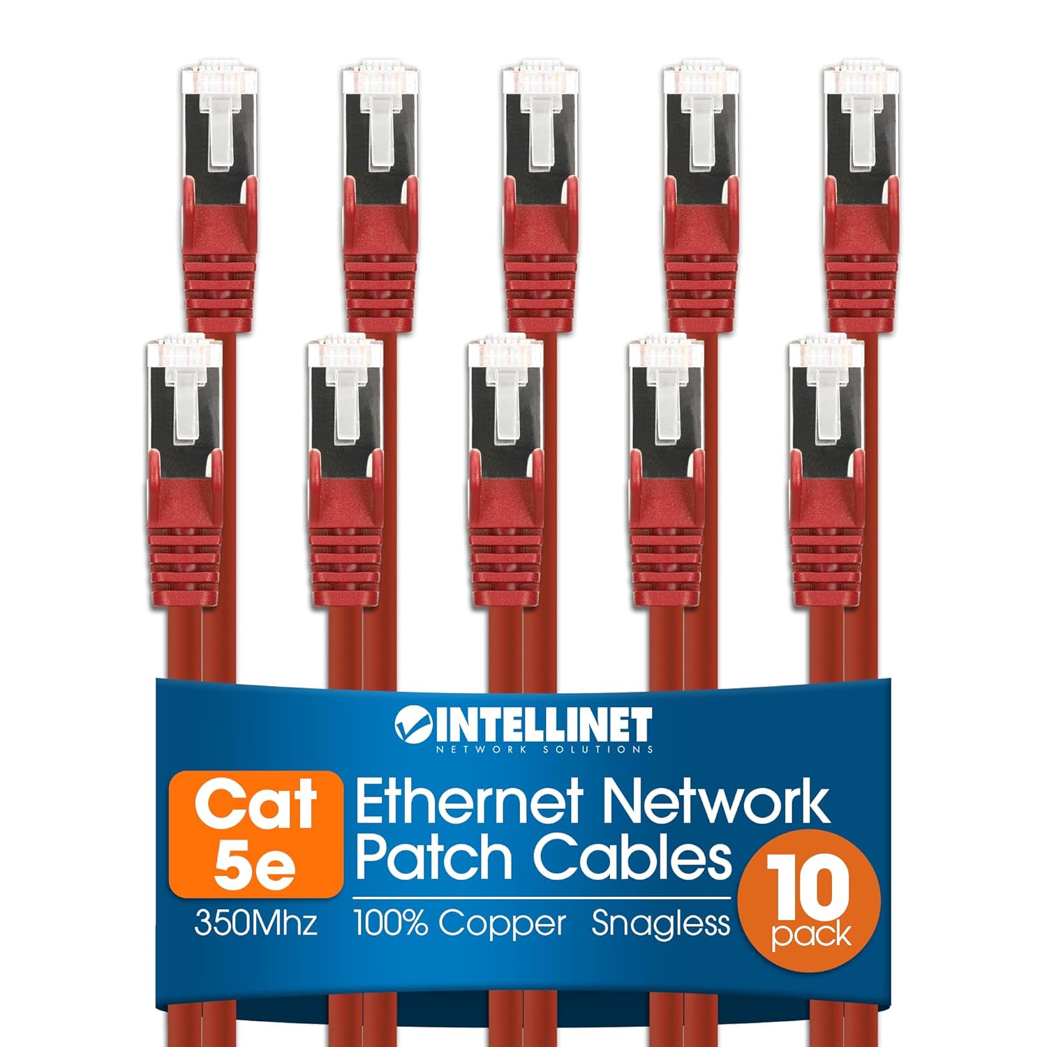 Intellinet Cat5e Ethernet Network Patch Cable Multi-Pack - 100% Copper, 350 MHz, Snag-Free Boots & Gold-Plated Contacts - Up to 1 Gbps for Reliable Networking (5 Cables, Orange, 100 ft)