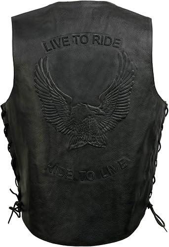 EVENT LEATHER ELM3900 Mens 100% Genuine Motorcycle Leather Vest | Biker Vests with Embossed Eagle | Live To Ride