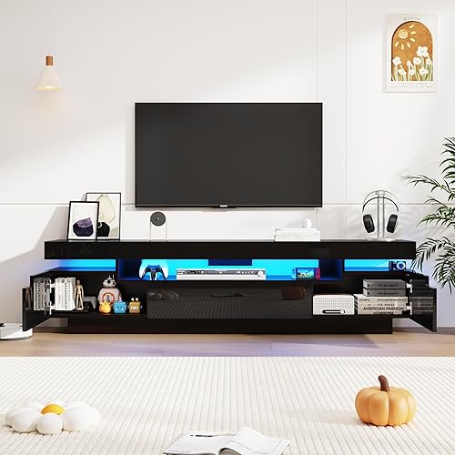 Miniatura 6 de Uspeedy Soporte de TV blanco de 70 pulgadas para TV de 7580 pulgadas, moderno soporte de TV LED para sala de estar, centro de entretenimiento de