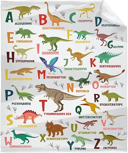 Manta del alfabeto de dinosaurio, manta de dinosaurio para niños y niñas, franela suave y acogedora, ligera y cálida, 30 x 40 pulgadas para bebés y