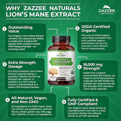 Miniatura 7 de Zazzee USDA Organic Lion's Mane 201 Extracto 201, 16,000 mg de fuerza, 30% polisacáridos, 120 cápsulas veganas, suministro de 60 días, extracto