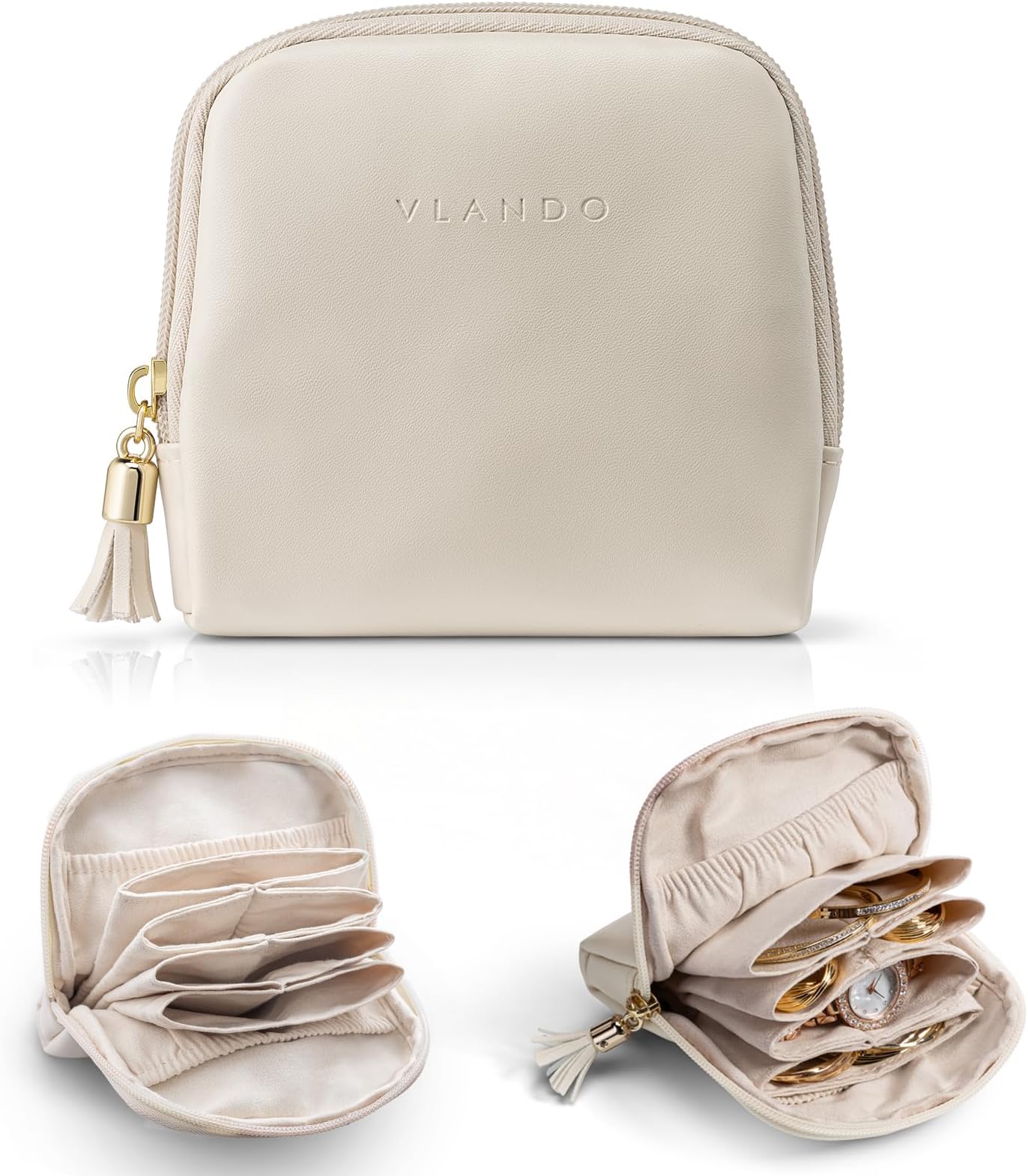 VLANDO Small Travel Jewelry Case,Mothers Day Gifts,Jewelry Pouch Bags with Zipper,Velvet Jewelry Organizer Storage Bag for Bracelet Rings Earring-Cream White