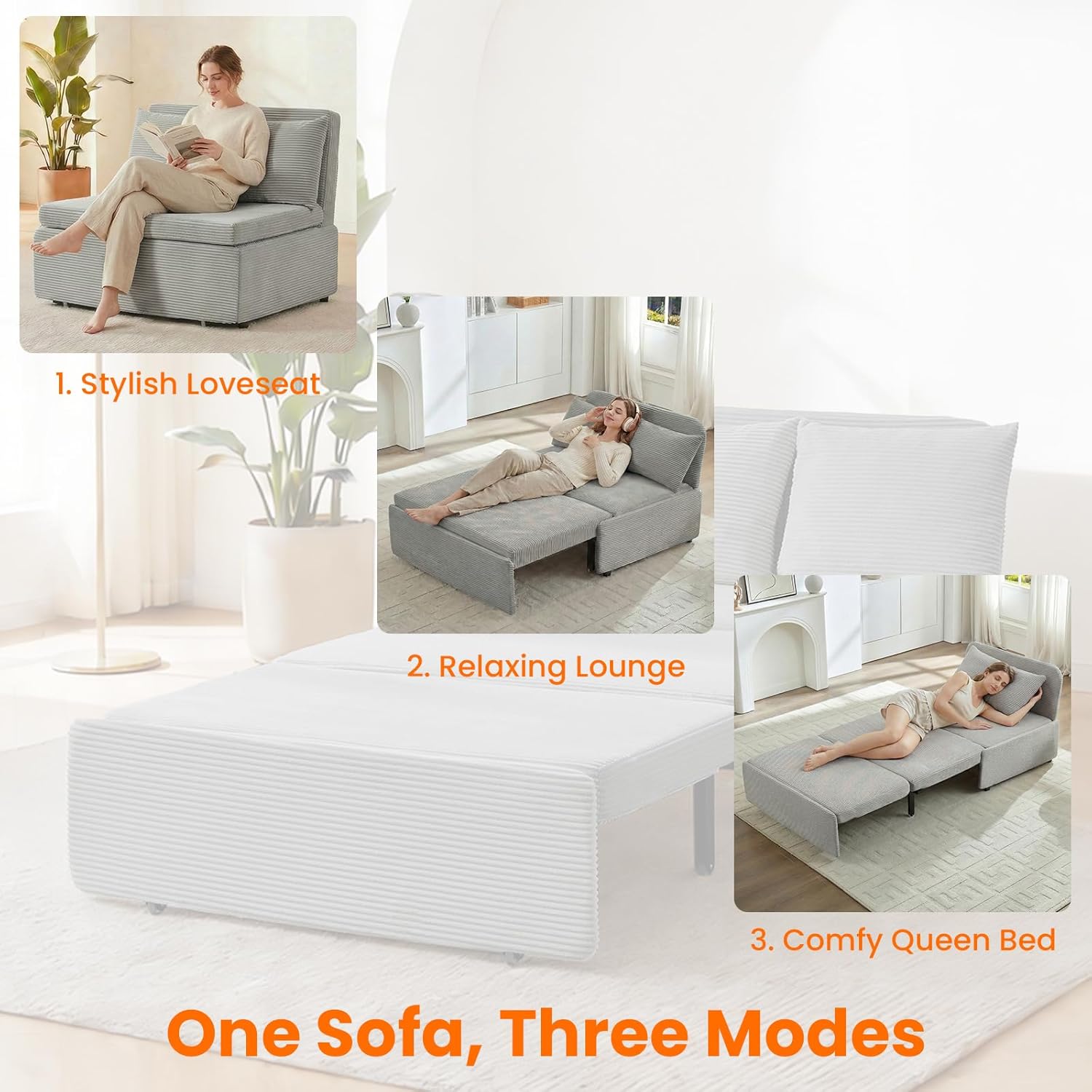 CECER 43.5" Twin Size Pull Out Sofa Bed，Corduroy Pull Out Couch with Tri-fold Mattress，3-in-1 Convertible Sleeper Sofa with Pillows for Small Space/Bedroom/Apartment（Light Grey）