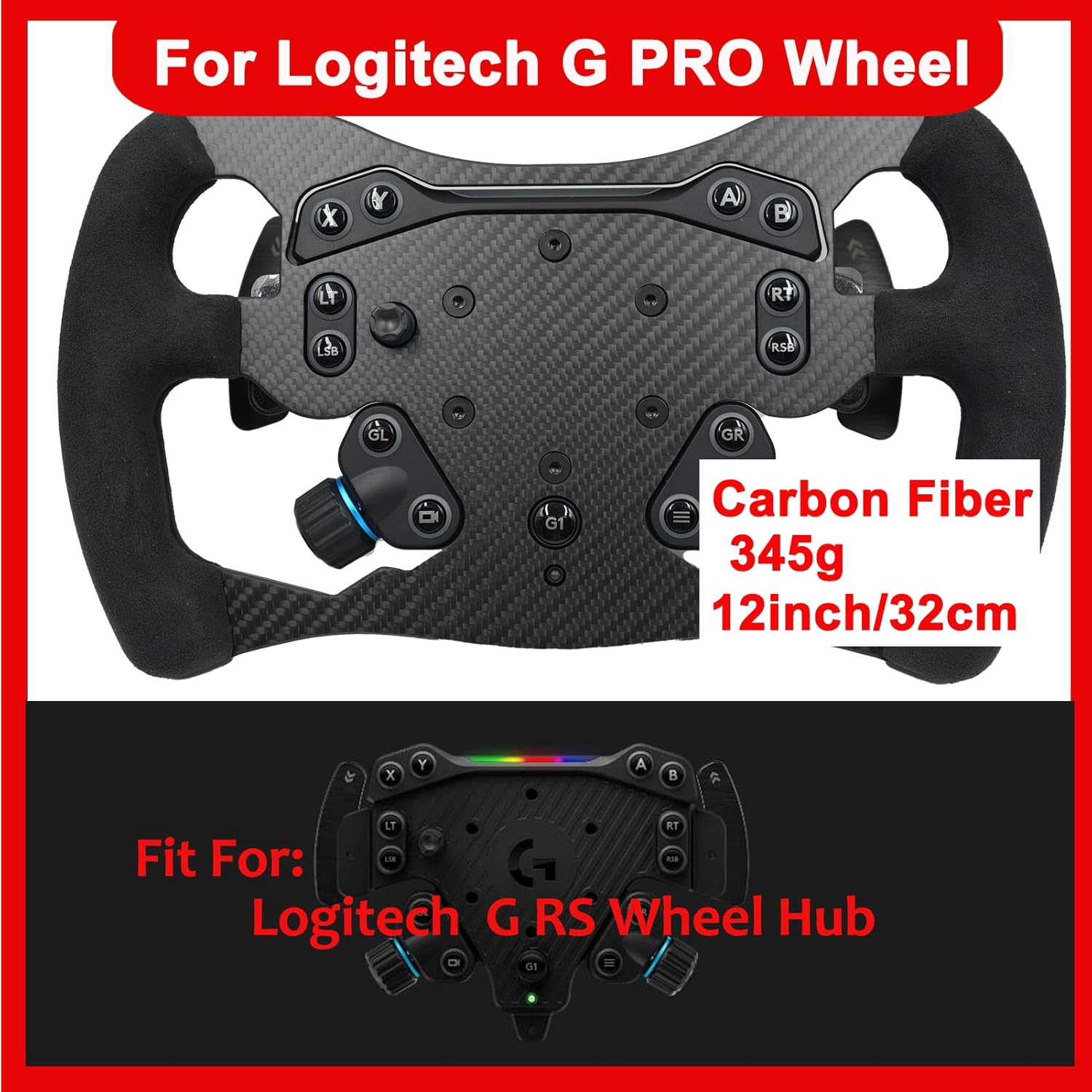 F1 Formula Real Carbon Fiber Wheel Mod For Logitech G PRO SIM Racing Wheel ; Replace Supper lightweight Compatible with Logitech G RS RS50 System Hub Shifter With Suede Grip