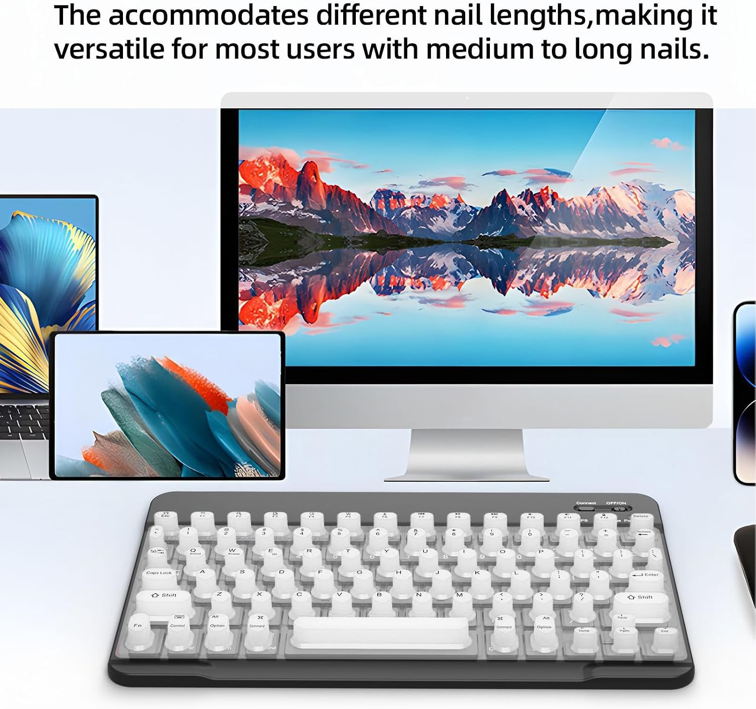 Sanpyl Keyboard for Long Nails, Wireless Bluetooth Keyboard with Silicone Raised Protective Cover, for Wins, for Android, for iOS, Slim Quiet (White)