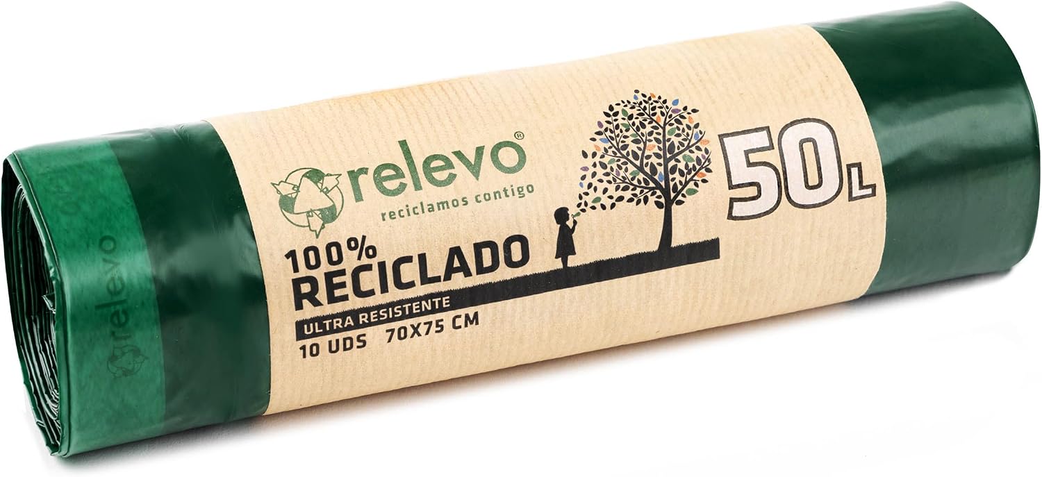 Relevo 50L Bin Bags – Made from 100% Recycled Material. Dimensions: 70 cm x 75 cm. Includes 10 Bin Liners 50L