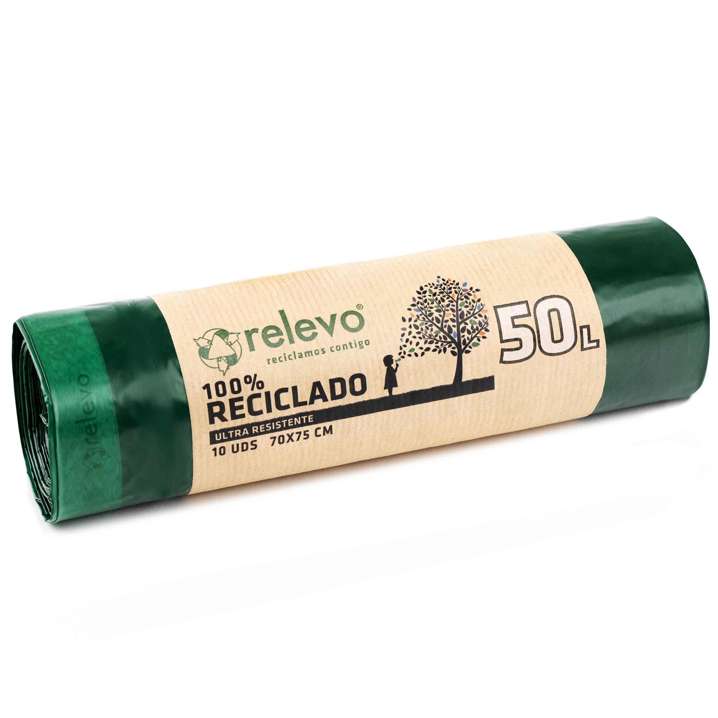 Relevo 50L Bin Bags – Made from 100% Recycled Material. Dimensions: 70 cm x 75 cm. Includes 10 Bin Liners 50L