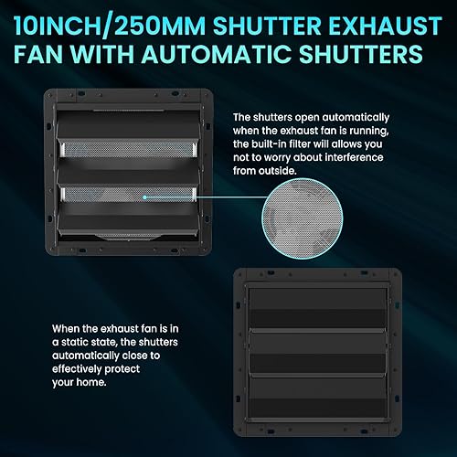 Miniatura 7 de HG Power Ventilador de escape de obturador mejorado de 10 pulgadas, ventilador de escape de cobertizo de bajo ruido 647CFM con pantalla de malla