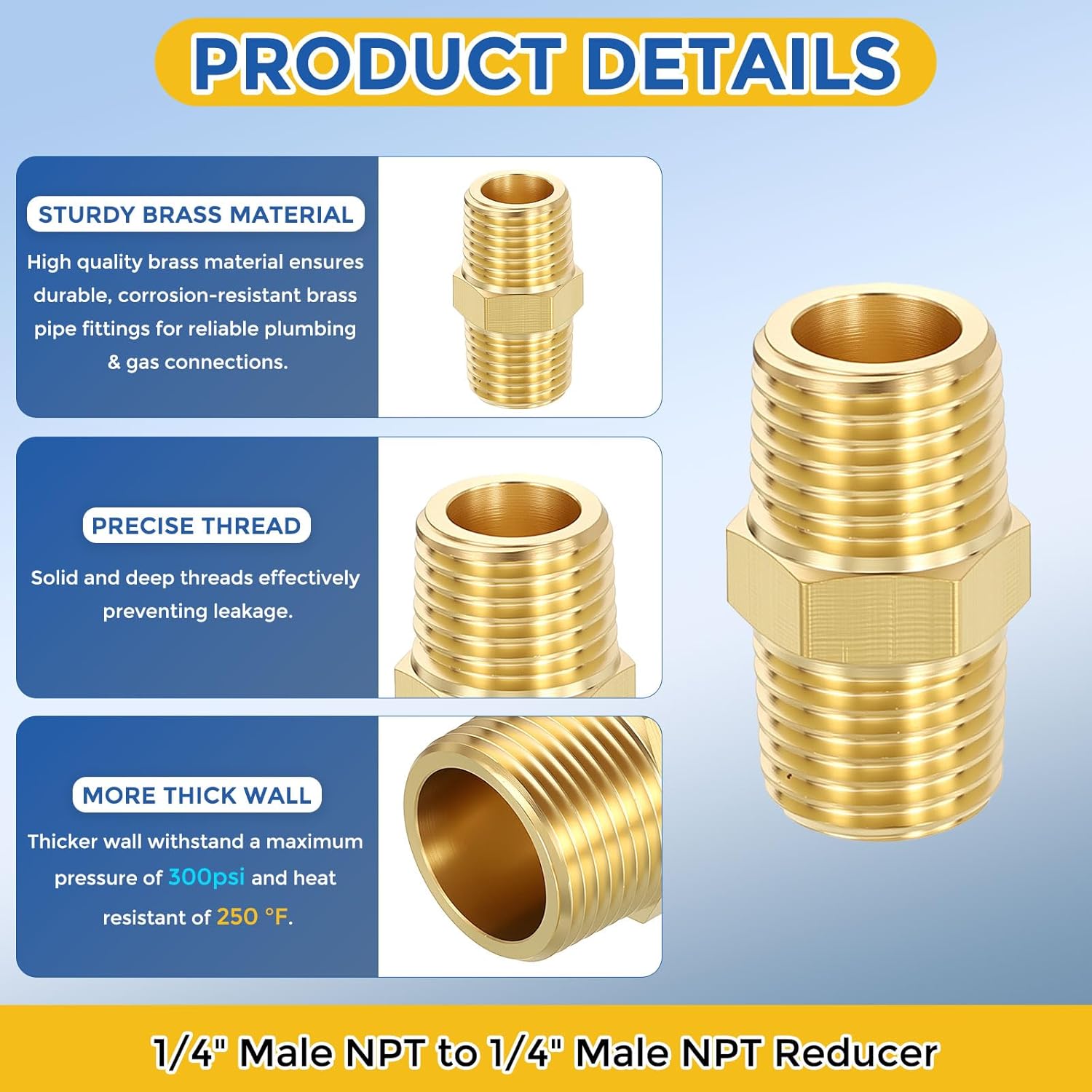 8 Pack Brass Pipe Fittings, 1/4" Male NPT to 1/4" Male NPT Brass Hex Nipple, Male Pipe Adapter Reducer for Air, Oil, LP
