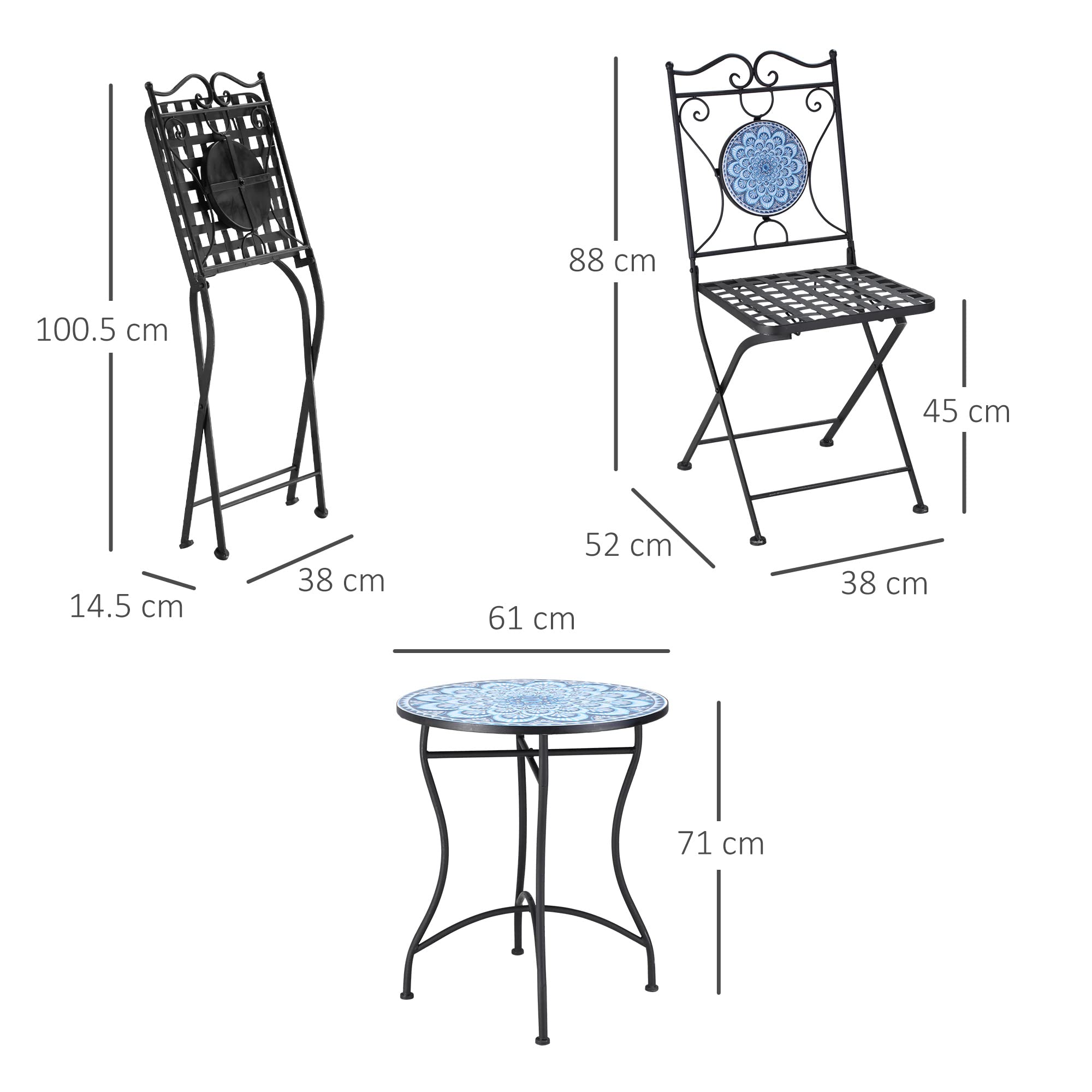 Outsunny Set da Giardino 3 Pezzi con Mosaico, Tavolino da Esterno Rotondo con 2 Sedie Pieghevoli in Metallo, Blu
