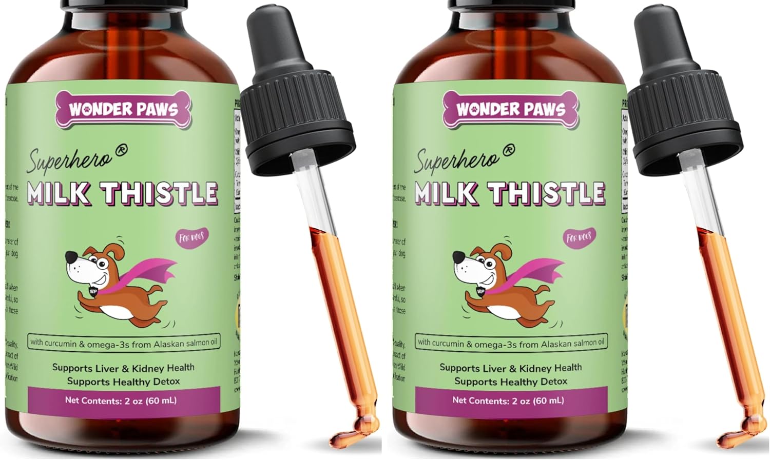 Wonder Paws Milk Thistle, Liver Support for Dogs, Supports Kidney Function for Pets, Detox, Hepatic Support, with Wild Alaskan Salmon Oil & Curcumin, Omega 3 EPA & DHA (2 Oz) (Pack of 2)