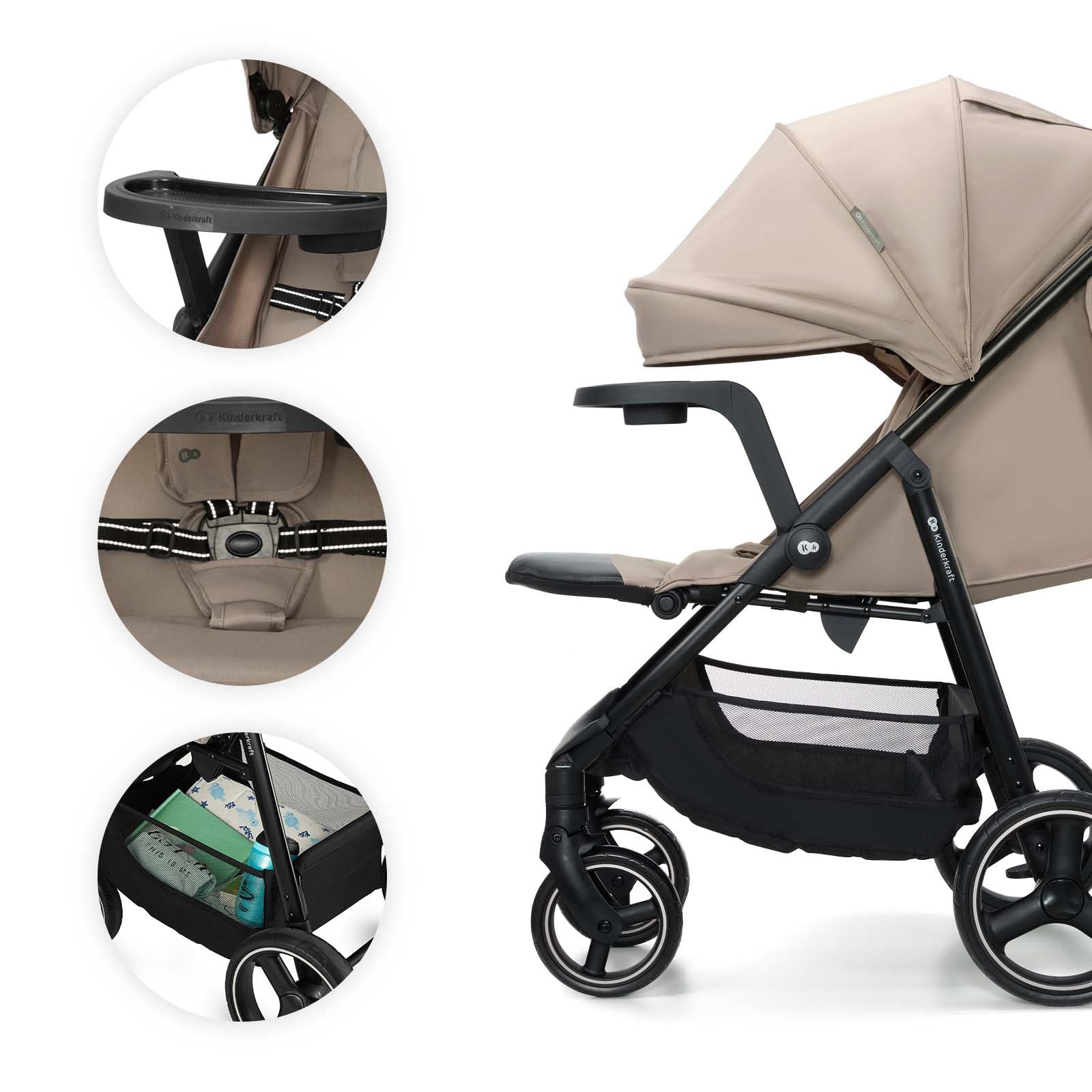 Kinderkraft TRIG 3 con vassoio, Passeggino 22 kg, CLICK & FOLD, Beige