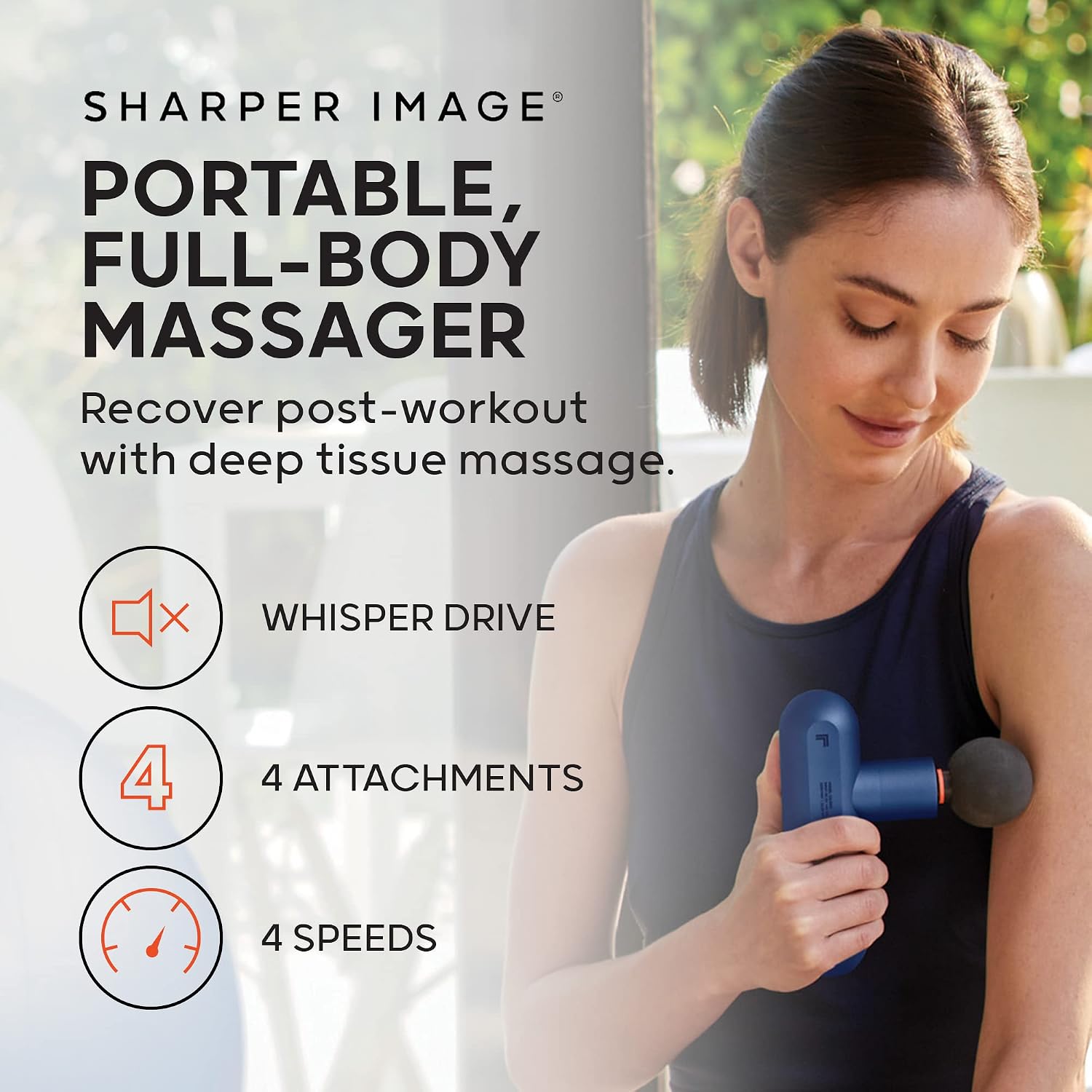 Sharper Image Powerboost Move Deep Tissue Portable Percussion Massager, Massage Gun w/ 4 Attachments, Whisper Quiet Operation, Variable Strength Full Body Recovery, Rechargeable - Blue