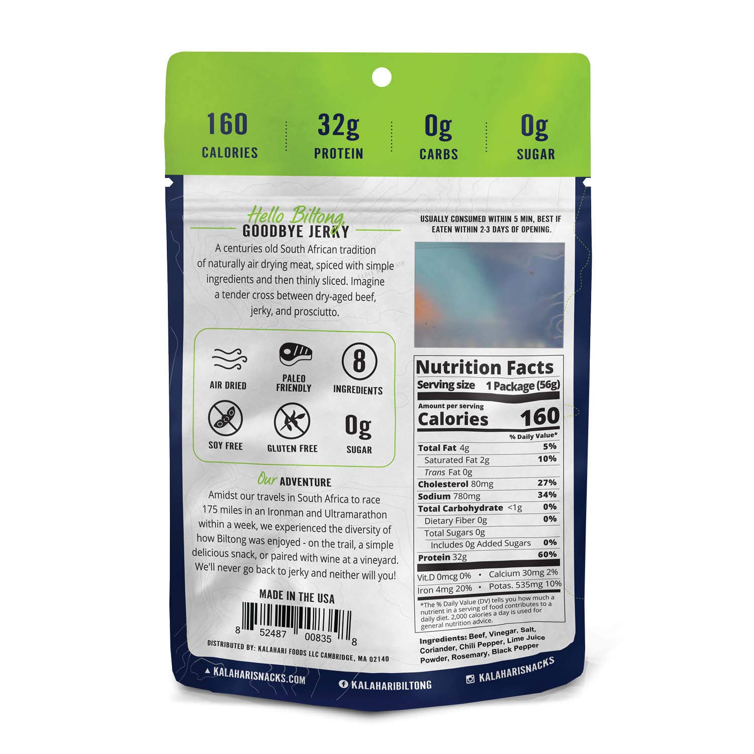Lime Chili Kalahari Biltong, Air-Dried Thinly Sliced Beef, 2oz (Pack of 8), Sugar Free, Gluten Free, Keto & Paleo, High Protein Snack