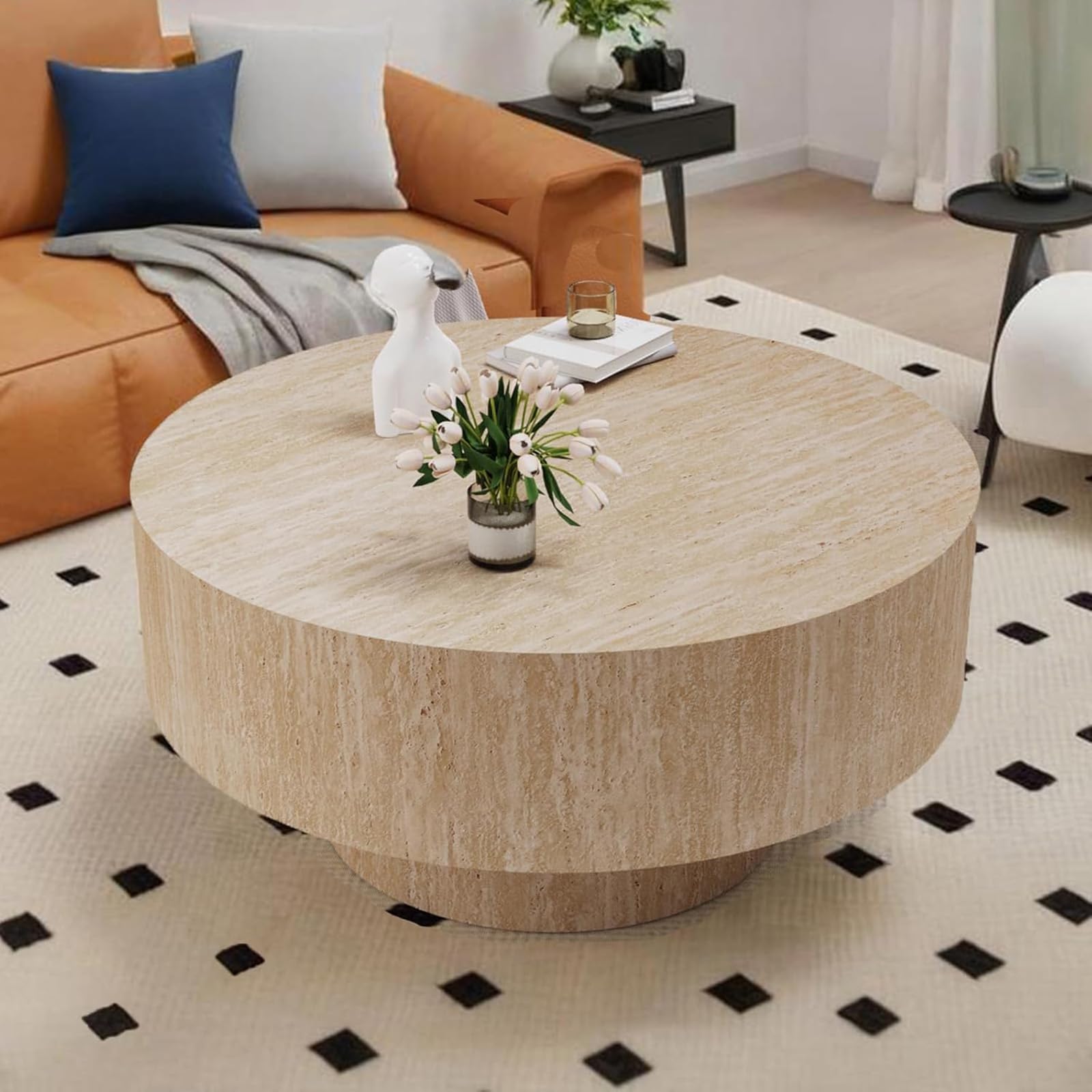 Round Travertine Coffee Table with Large Tabletop & Base (B 29.92in)