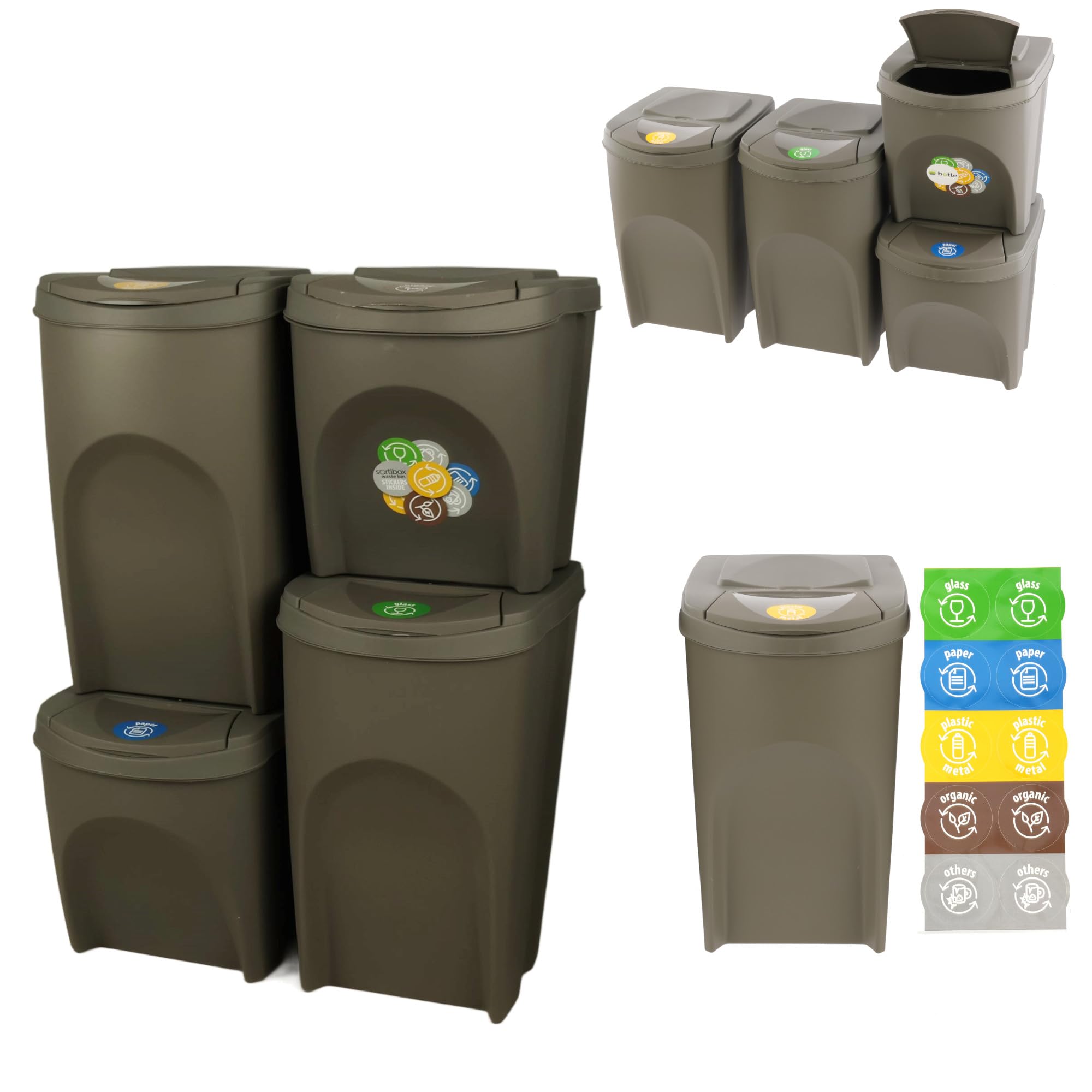 botle Mülleimer- 4er Set 120 L Mülltrennungssystem - Set aus 2x35 L + 2x25 L Abfalleimern in Grau zum Stapeln Kompakt modulare und Licht Einfache Sortierung des Hausmülls Kunststoff