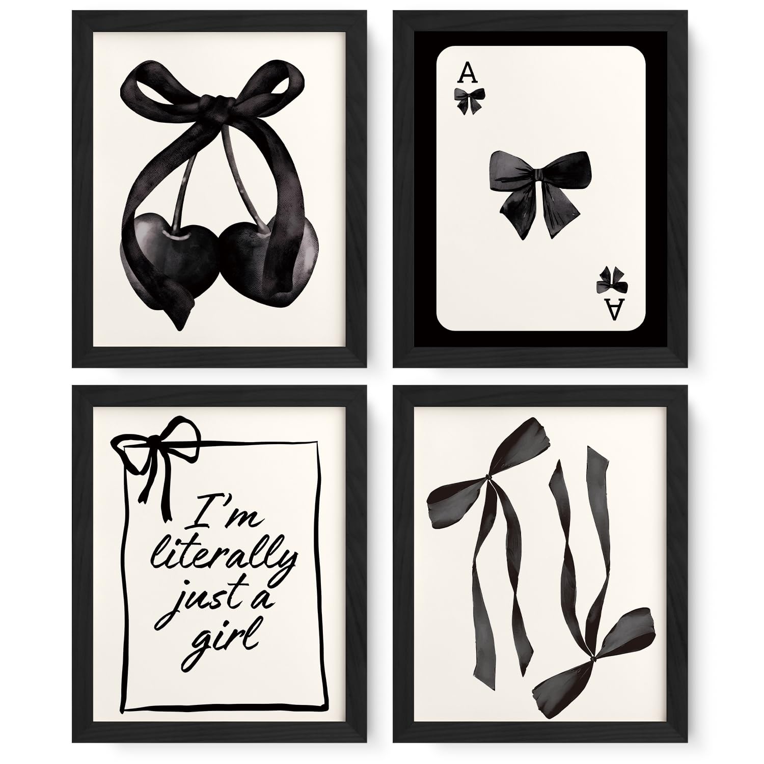 JXREQ Coquette Trendy Black Bow Wall Art Decor, Black Cherry Bow Posters Wall Art Prints Set of 4, Coquette Preppy Room Decor for Teen Girl College Dorm, 8x10 Inch Unframed
