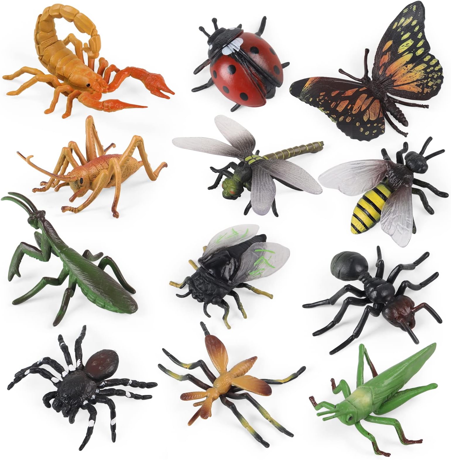 SIENON Realistic Insect Toy Figures-12Pcs Large Plastic Bug Figurines with Ladybug Bee Butterfly Cricket Mantis Scorpion Spider-School Project Halloween Insect Theme Birthday Party Favors